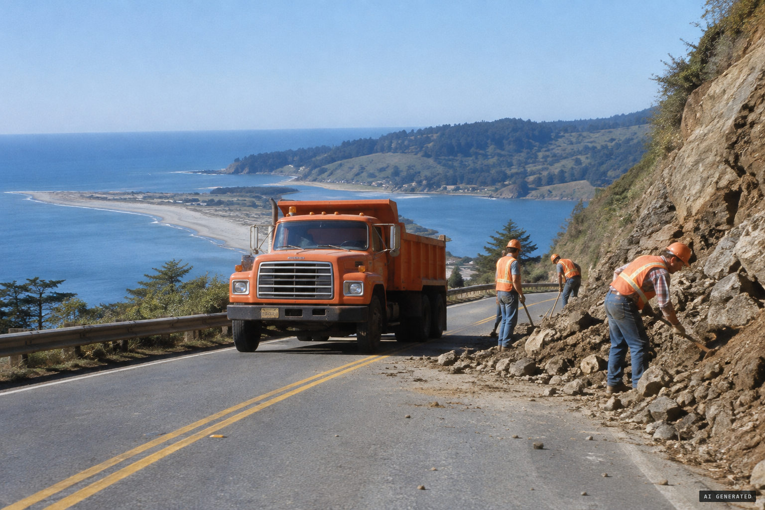 The Caltrans crew from Novato clearing a slide on Route 1 above Stinson Beach
