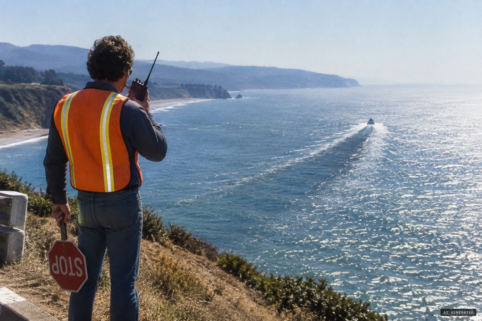 Flagman Gary spots something swimming toward the cliff and radios for binoculars