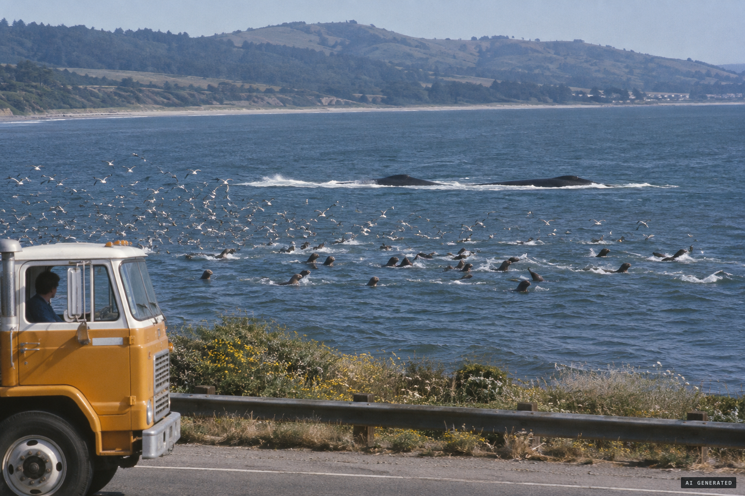 Moving at 45 to 50 mph, trailed by about 100 birds and two dozen sea lions