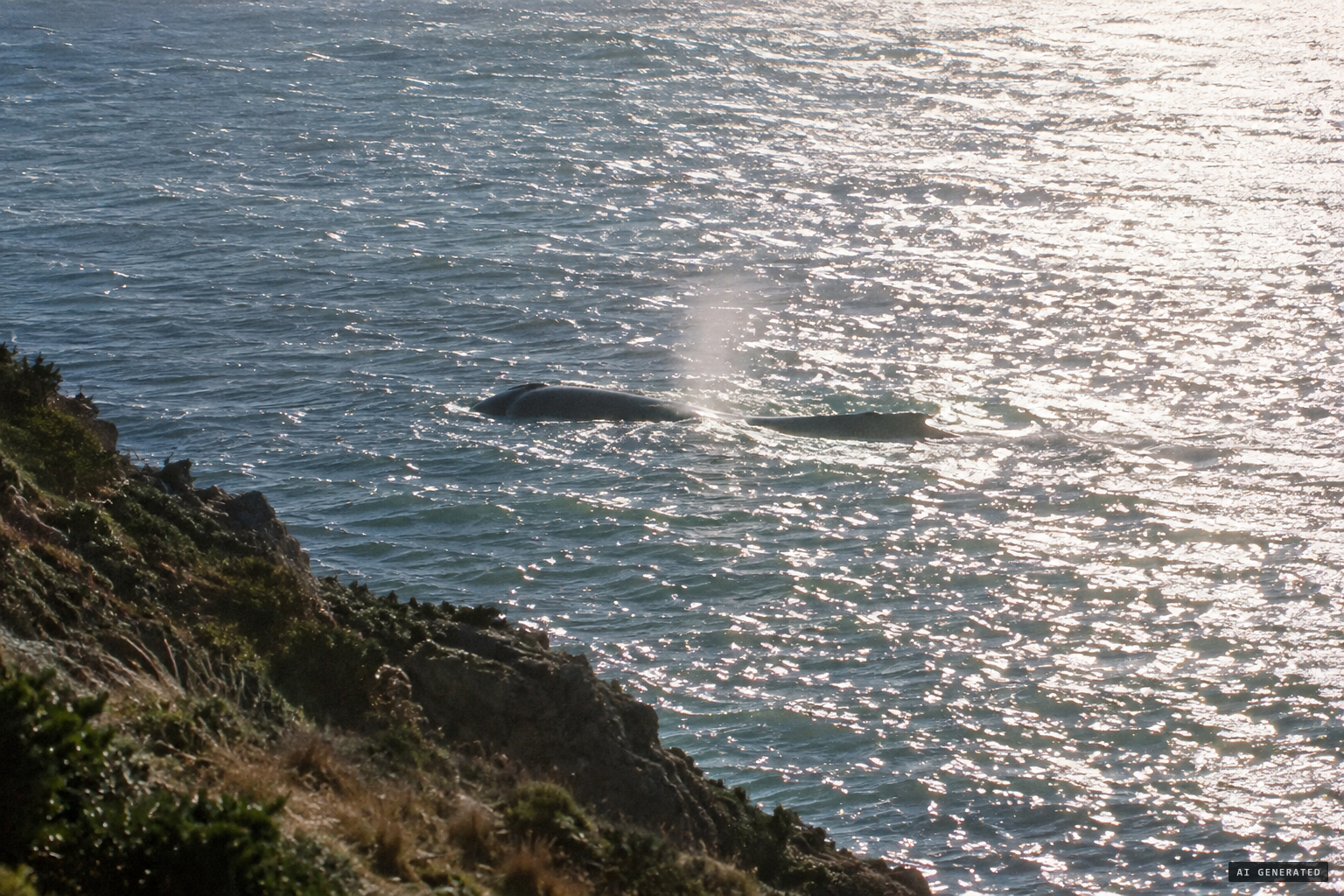 The biologist's explanation: a whale surfacing in backlit sunshine
