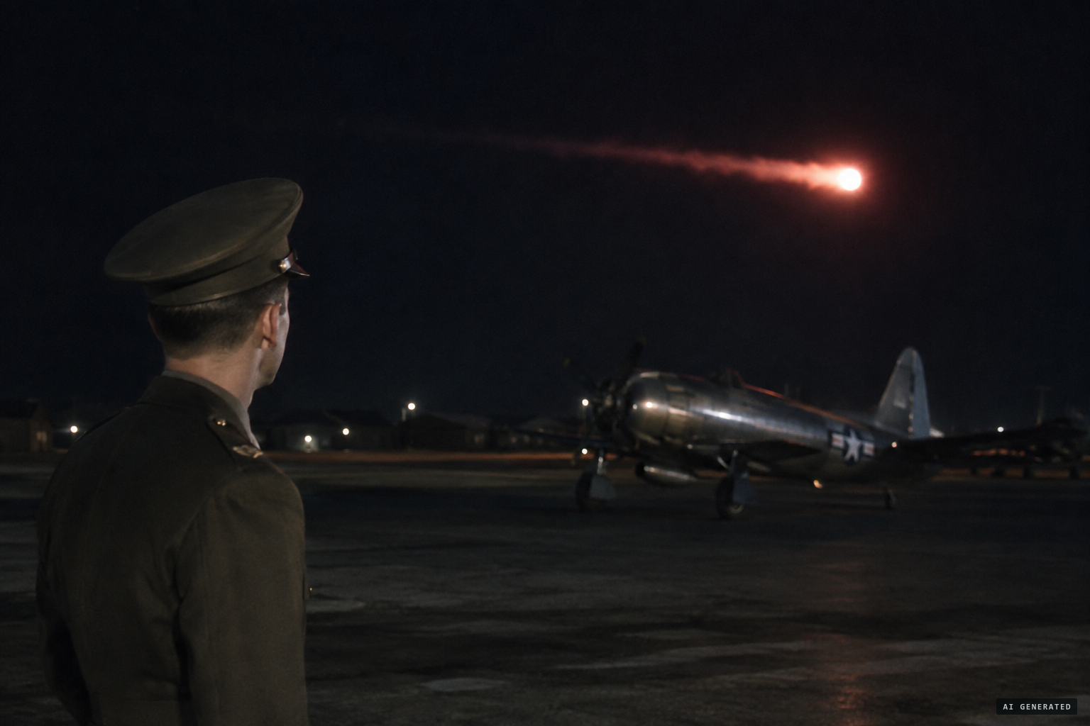 March 31: Lt. Davis watches a reddish-white ball of fire pass horizontally above the airstrip