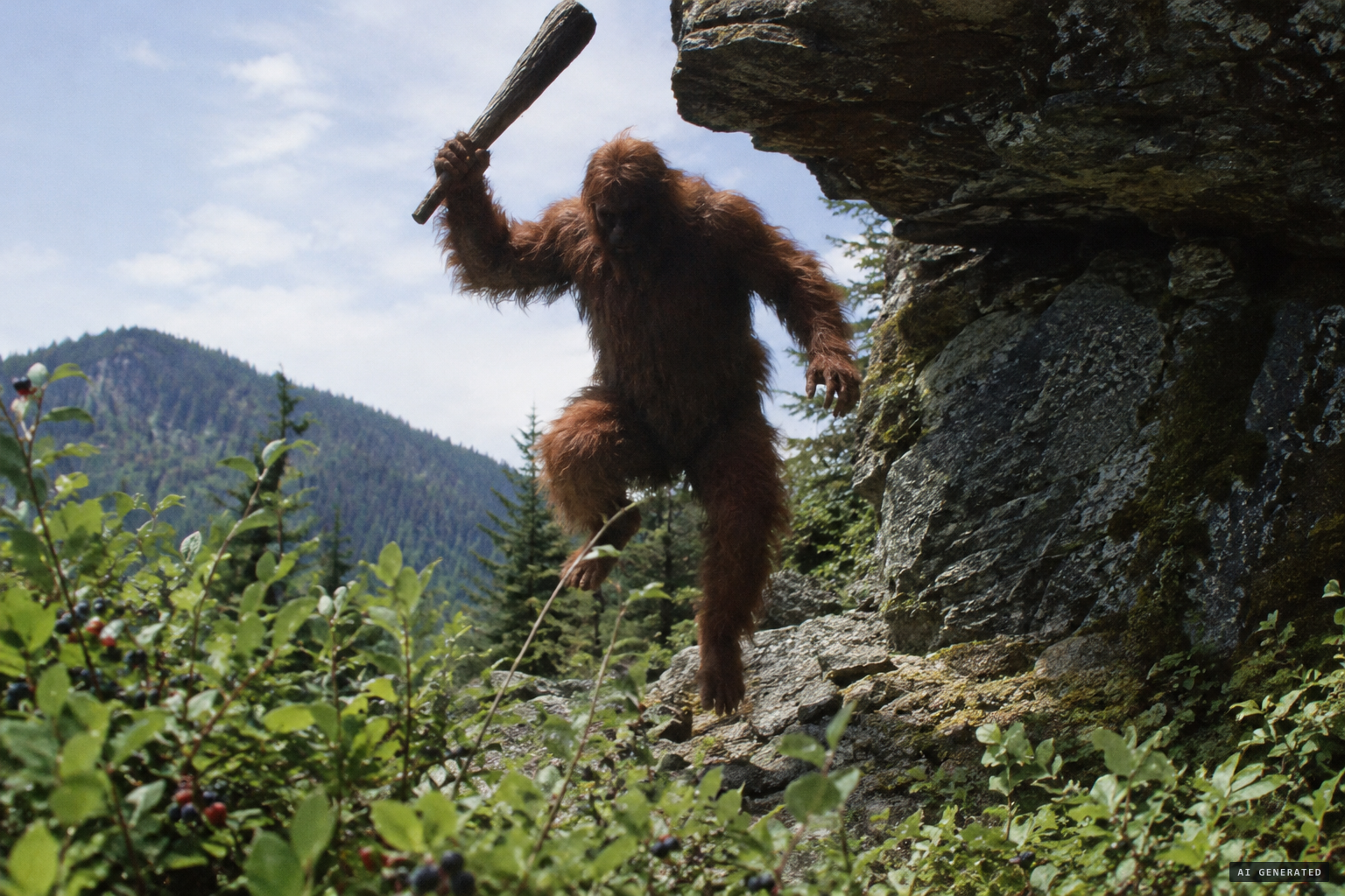 A reddish-haired wild man springs from the rock ledge, club in hand.