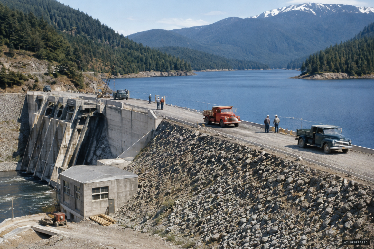 The Strathcona Dam raised the lake and drowned the old upper river.