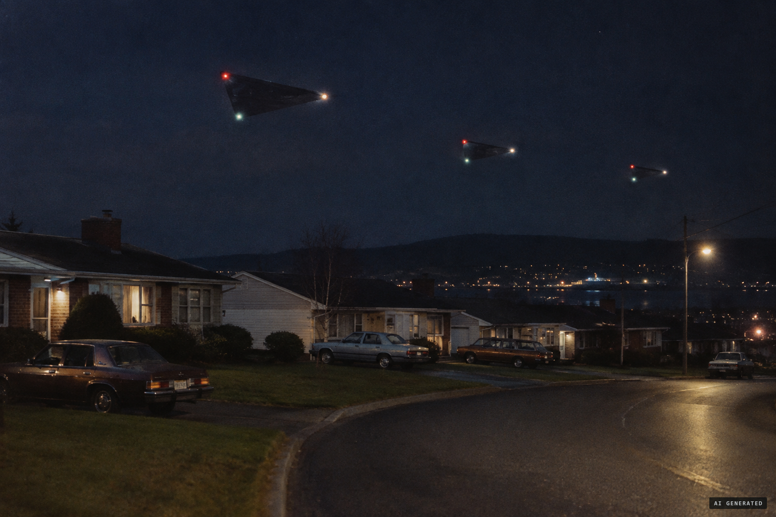 The later retelling: three large triangular craft with distinct lights seen from Van Holm Crescent