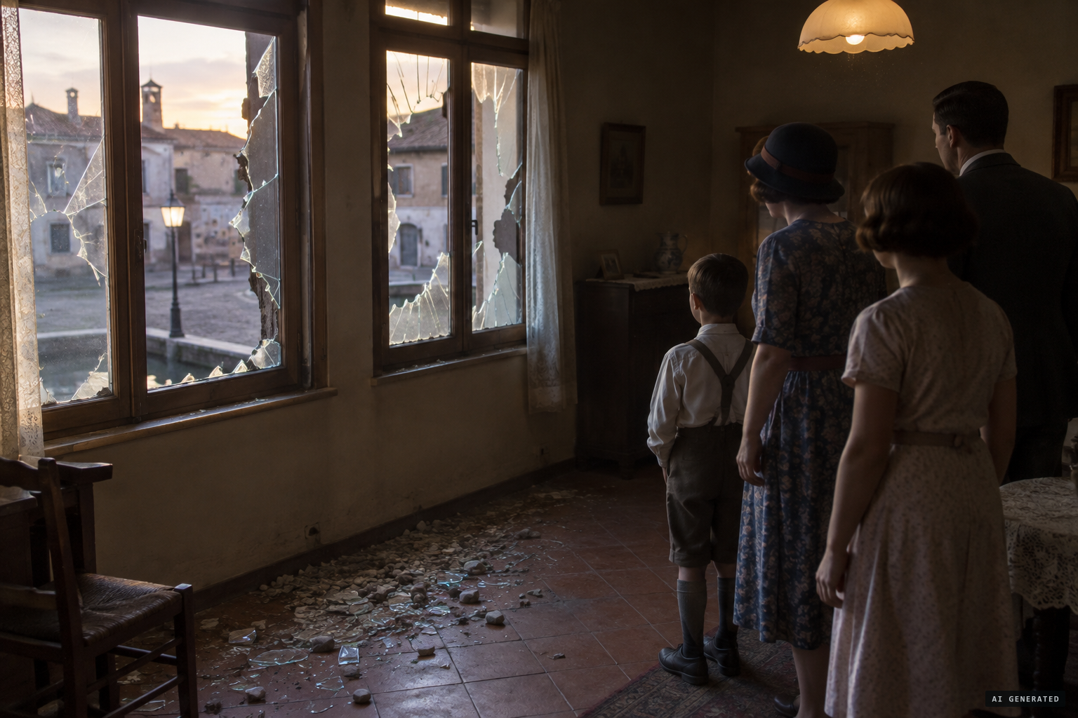 A dense hail of stones shatters the windows