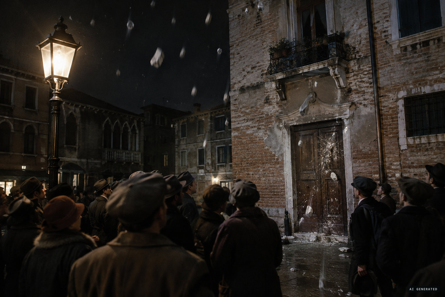 Stones seem to rain from the sky like meteorites, chipping the front door