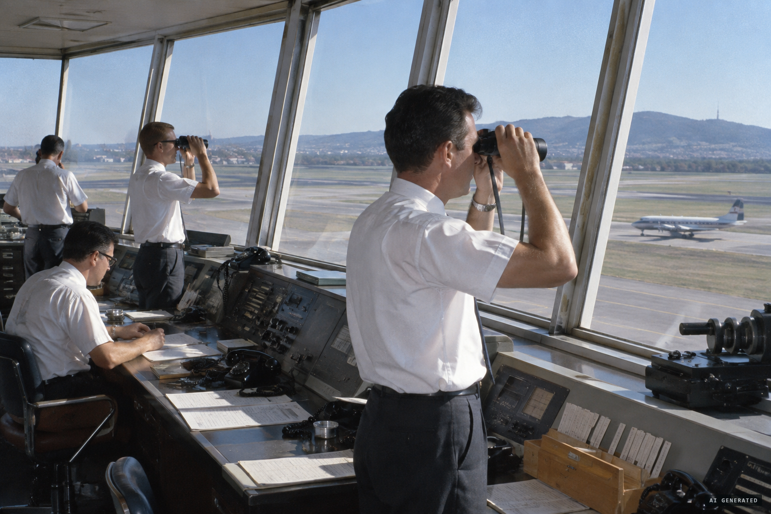 The tower staff watching the sky on the morning of 15 July 1965
