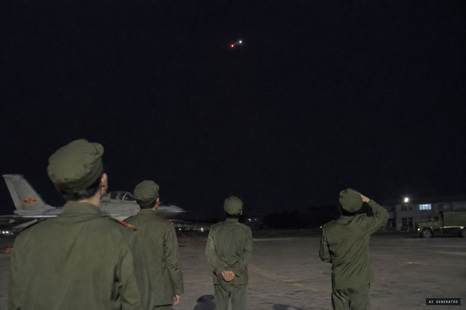 Ground crew watch the 'star' become two rotating lights, one red and one white