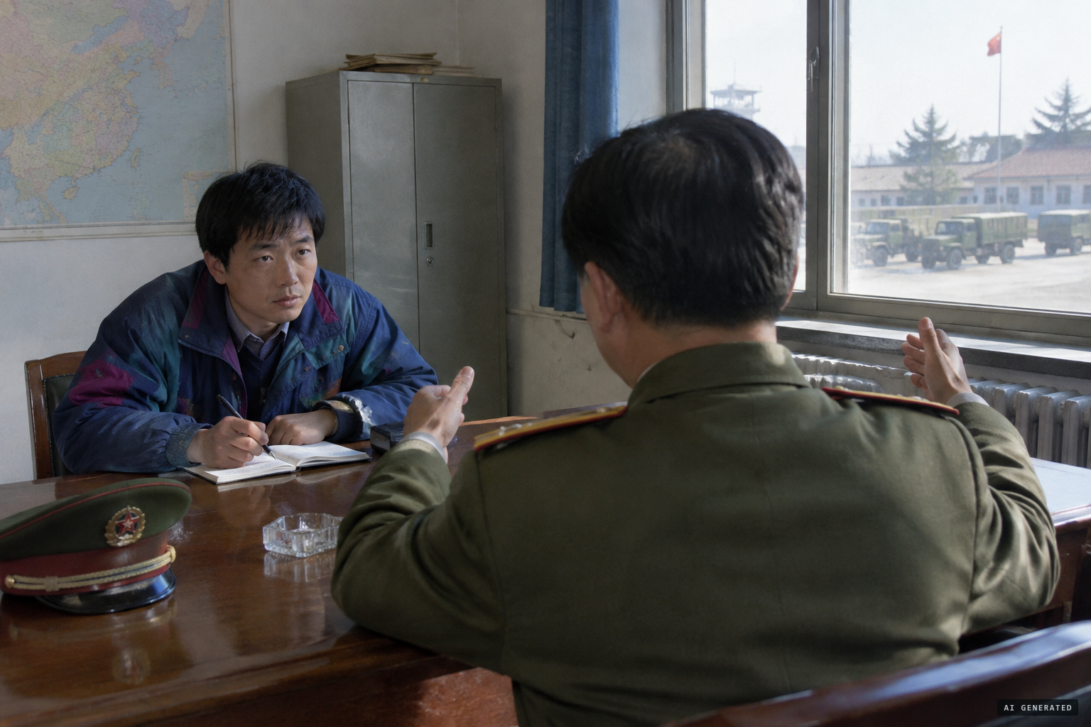 Base commander Li Suolin describes the light beams to reporter Shen Yingjia
