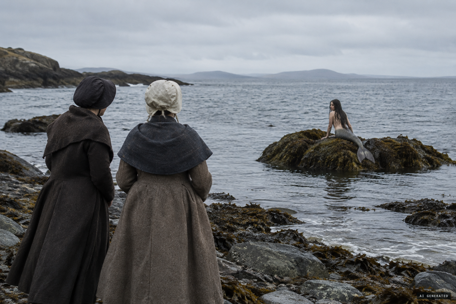 Niel Stewart and Neil McIsaac see a creature, woman above and fish below, on a shore rock.