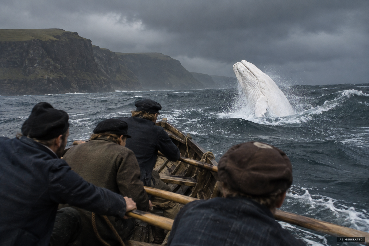 A white figure springs almost out of the water a quarter of the way from Canna.