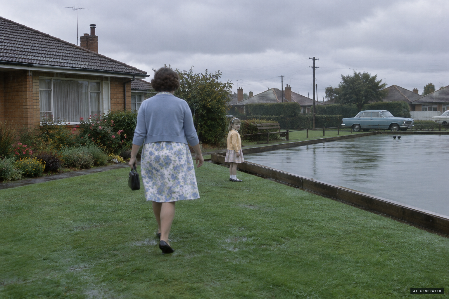 Mid-morning in the rain, Mrs Manhood goes to fetch her daughter by the bowling green