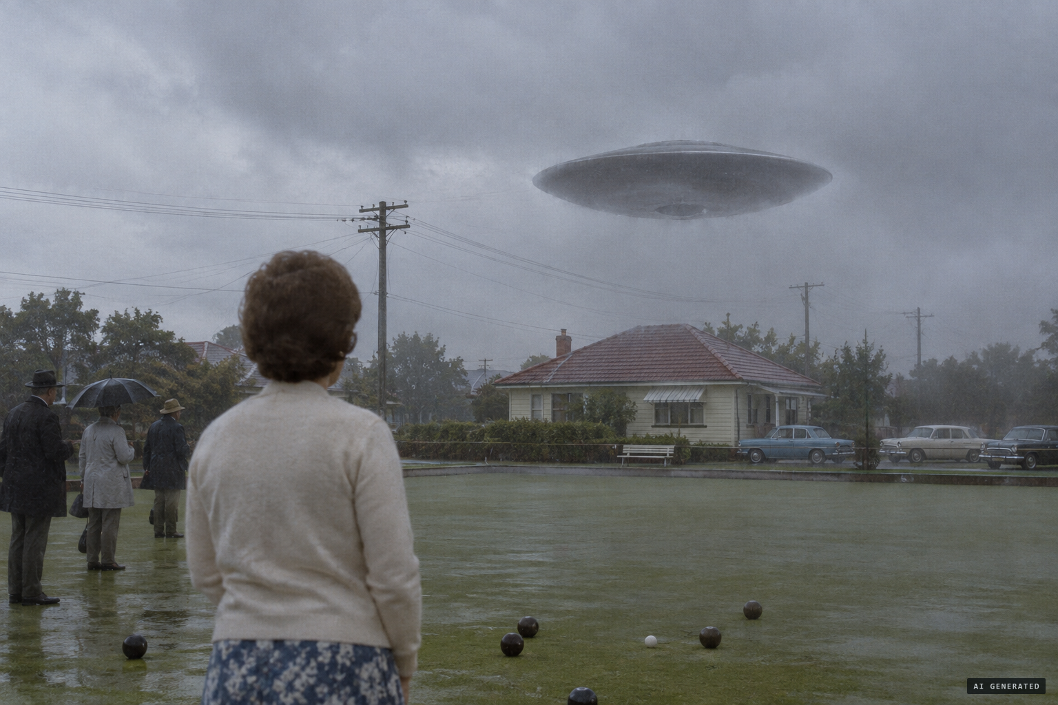 A strange circular object descends out of the clouds and hovers over the green