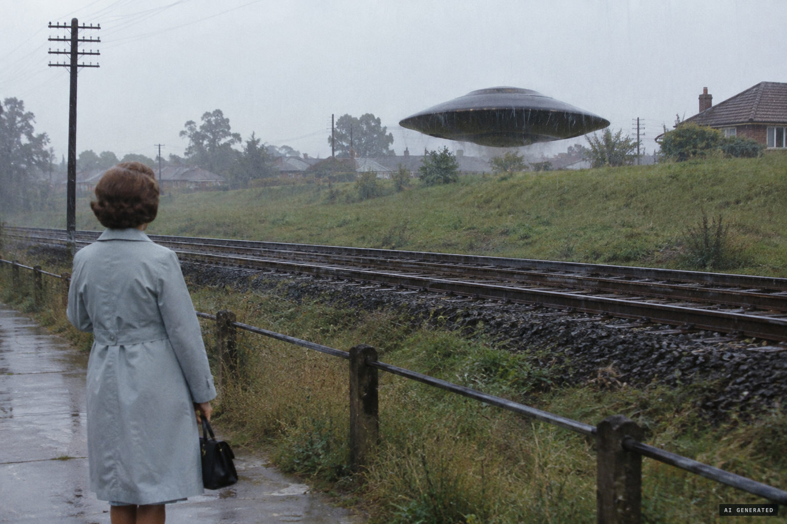 After about five minutes it passes just over the railway embankment as Mrs Clavis watches