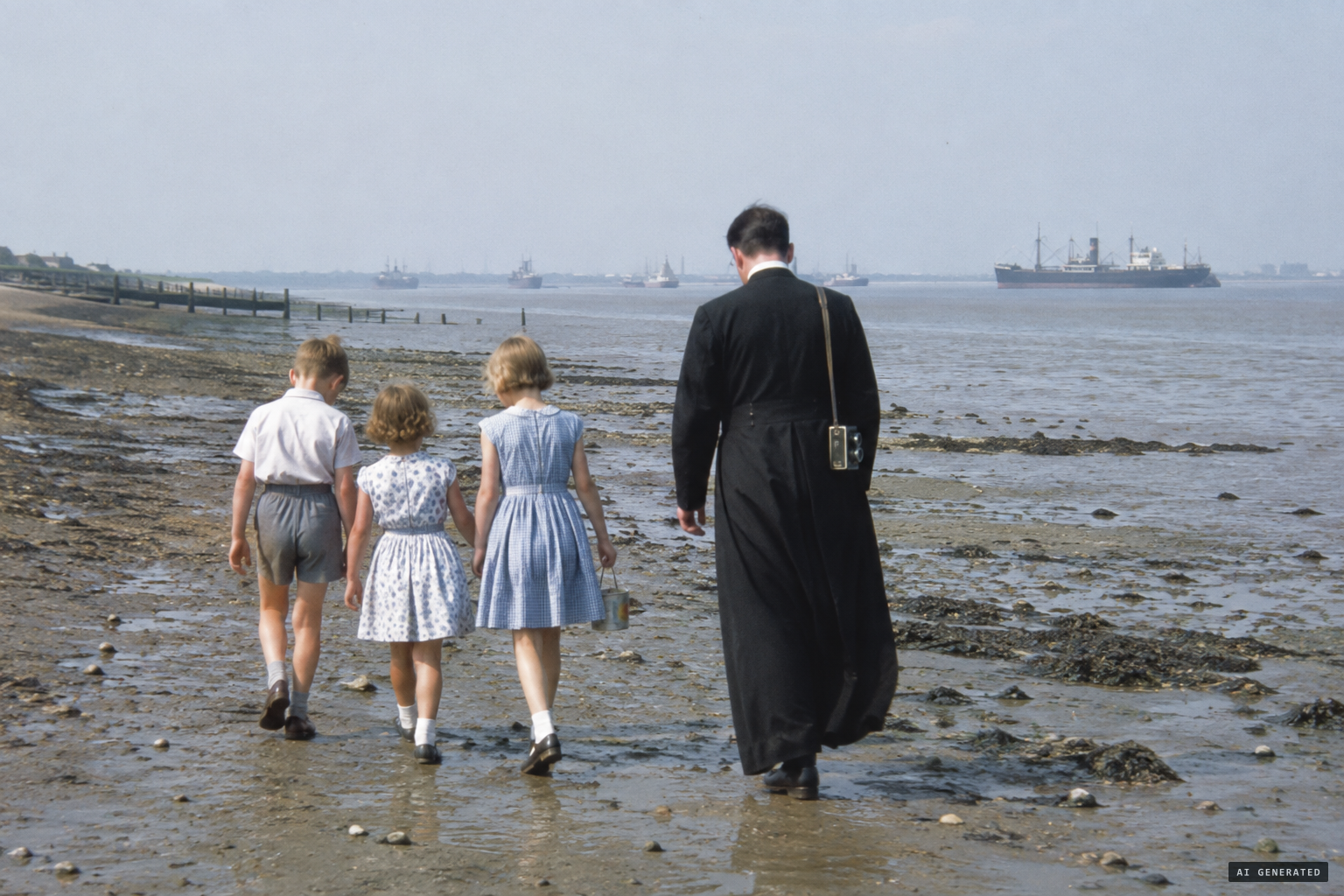 The Rev. Joseph D. Overs walks the Canvey beach with his children