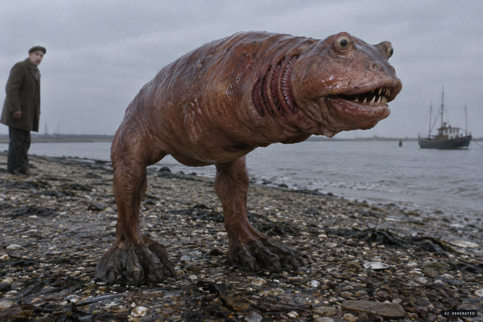 Frank Edwards' first creature: two-legged with horseshoe-shaped feet