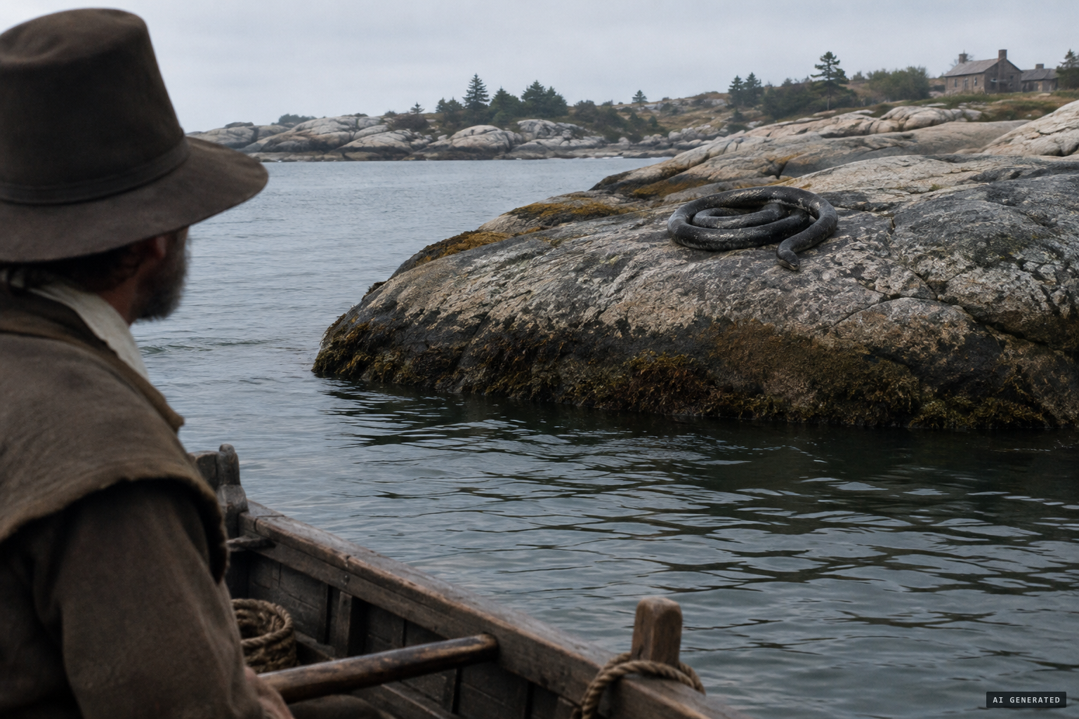 A "Sea-Serpent or Snake" lying "quoiled up like a Cable" on a rock at Cape Ann