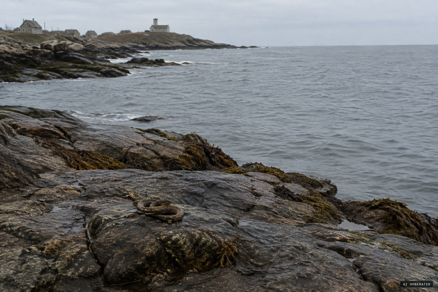 Only a snake-like body, coiled and still, on a rock by the sea