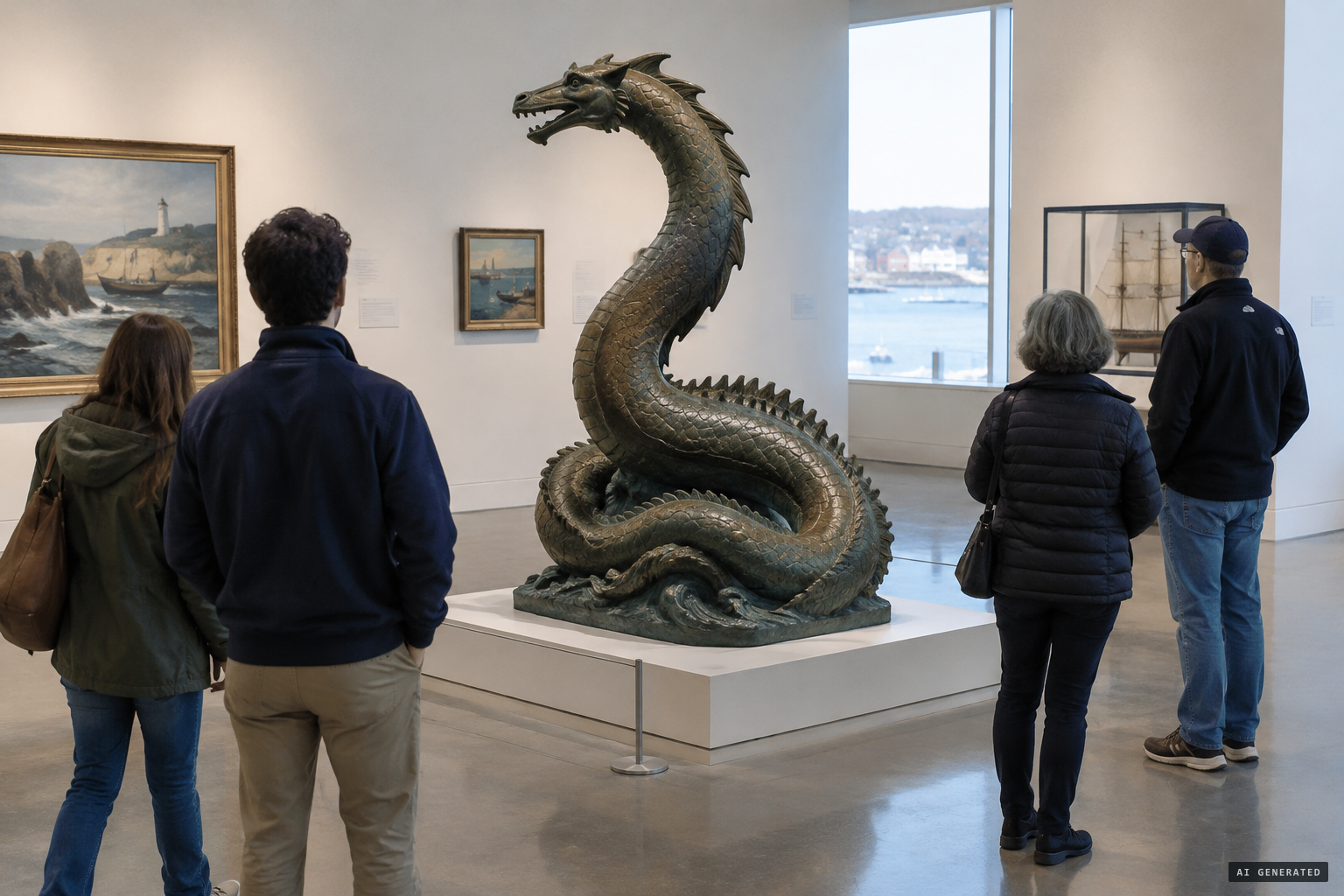 A bronze serpent stands at the Cape Ann Museum