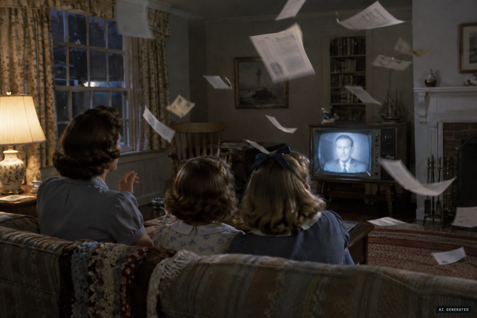 Papers begin whirling in the air while the family watches television