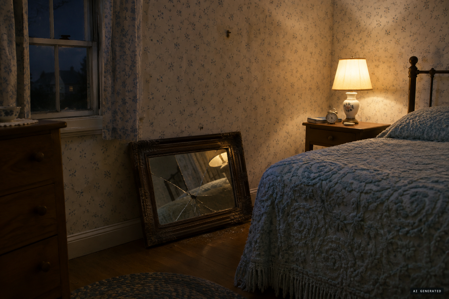 A heavy mirror falls from the bedroom wall