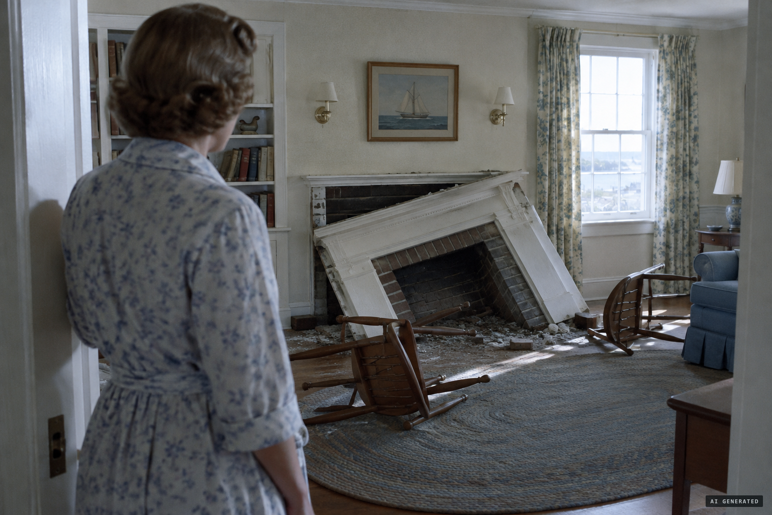 Next morning, Mrs. Connolly finds the imitation fireplace and chairs overturned