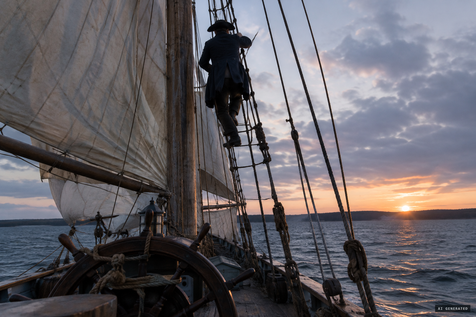 Kellogg lashes the helm and climbs the main rigging to wait