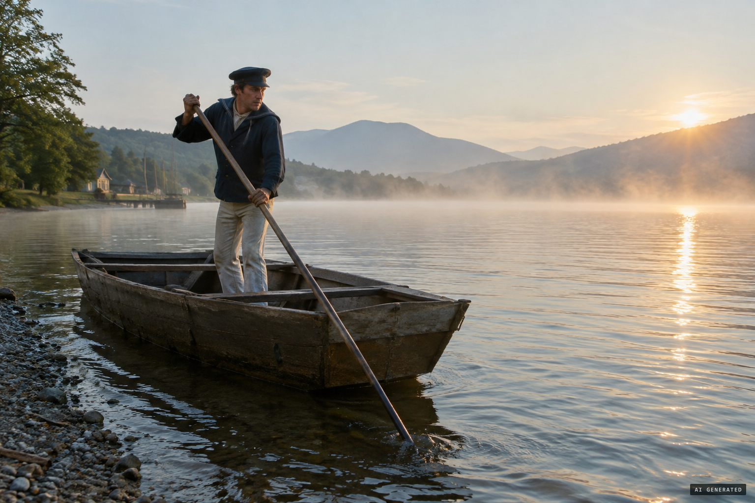 Morning, 22 July 1819: Captain Crum puts out from shore in his scow.