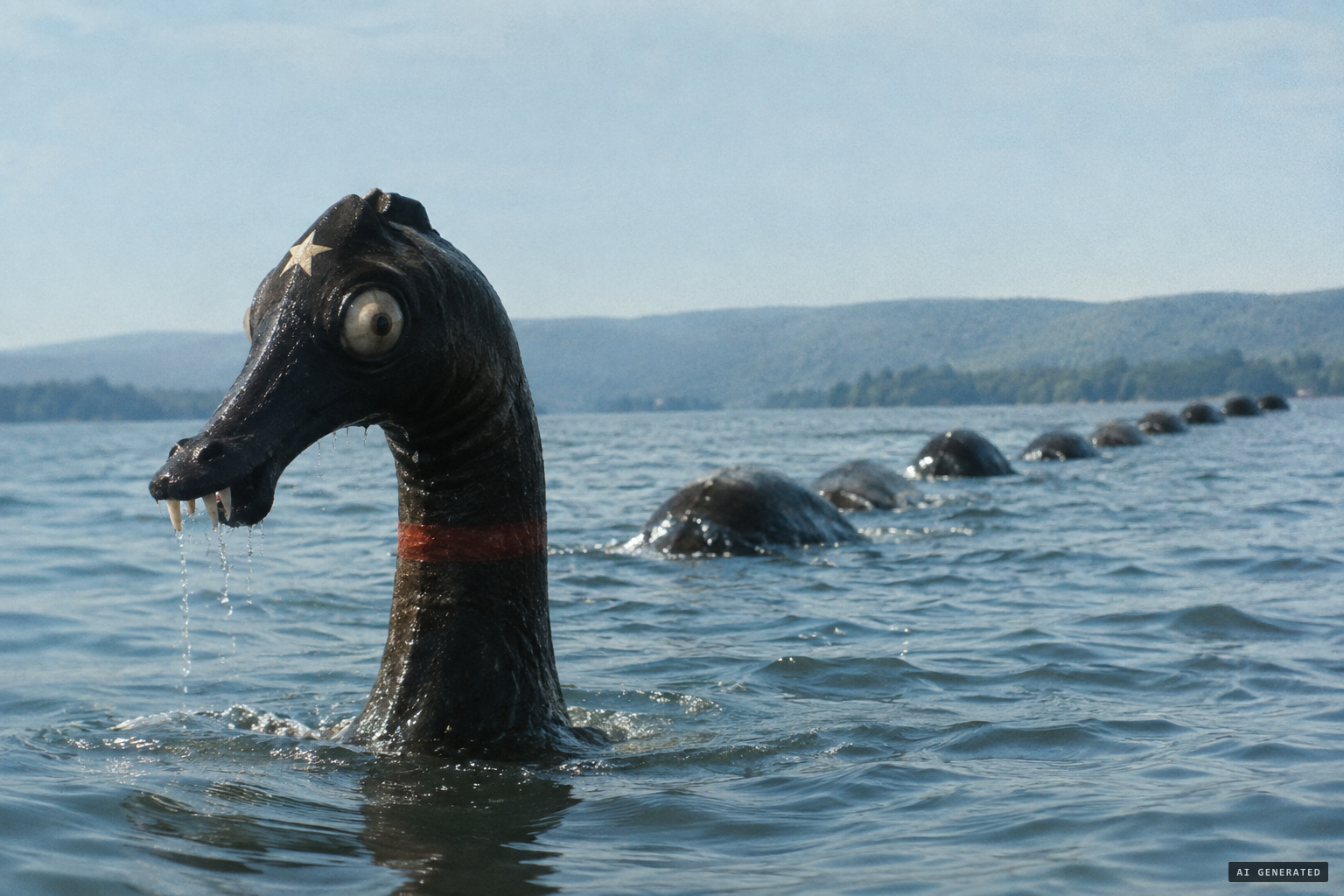 Flat sea-horse head, three teeth, a star in the forehead, a red belt, humps like potash barrels.