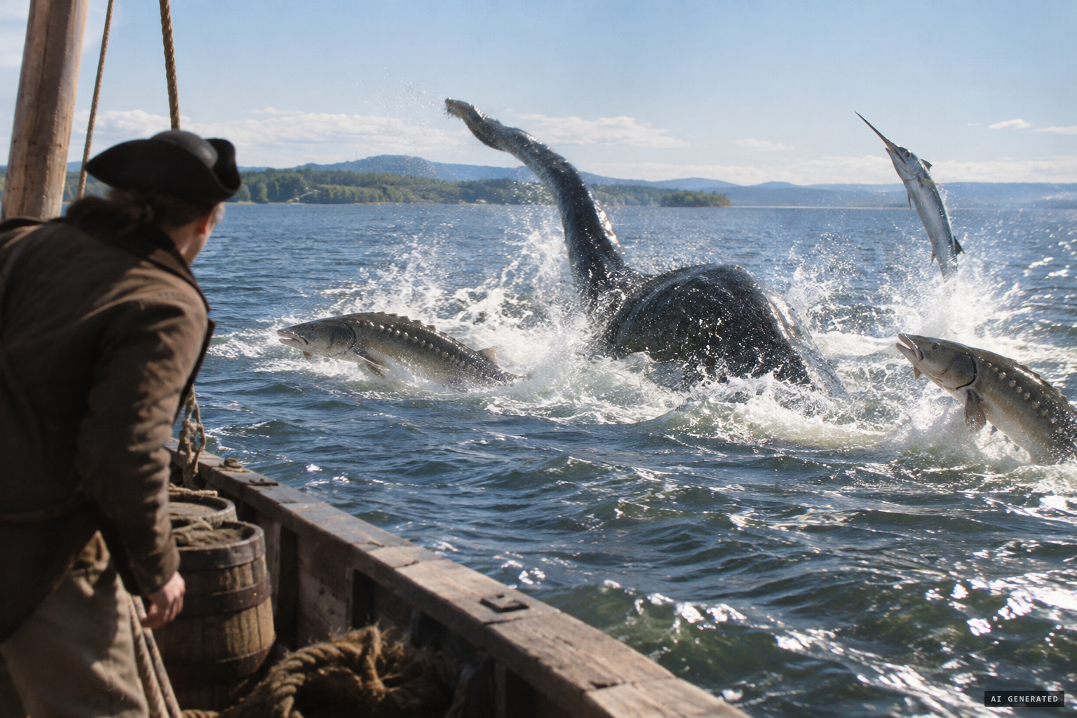 It moves with the utmost velocity, lashing its tail at two sturgeon and a bill-fish.