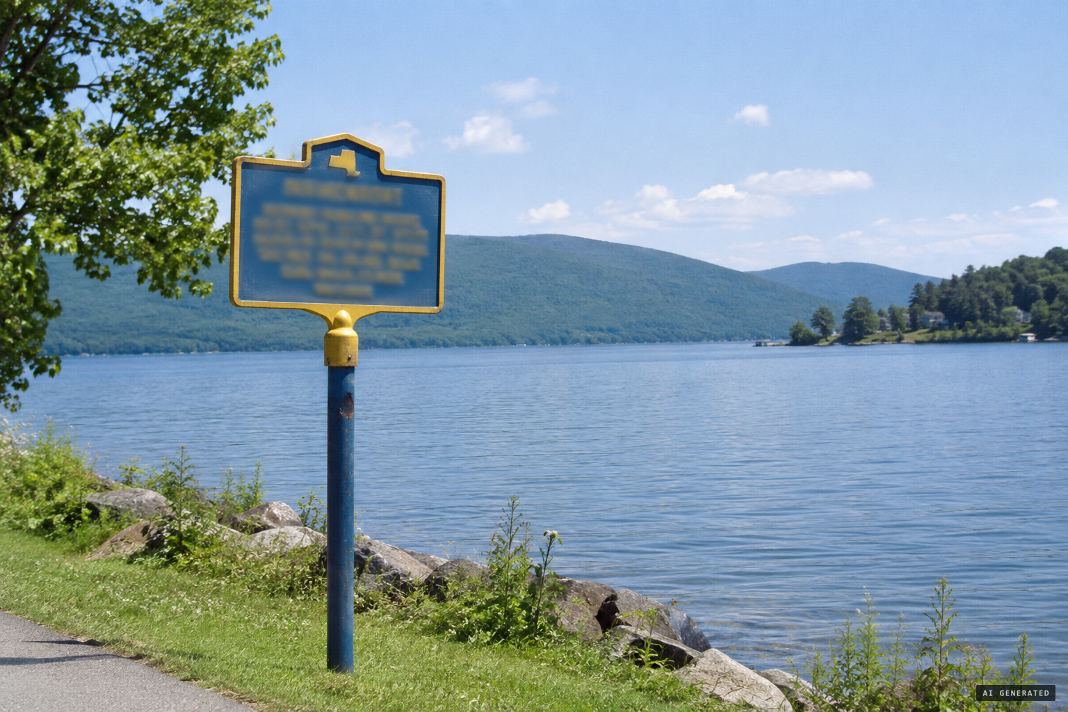 The "Origin of Champ" marker on the shore of the bay, placed in 2021.