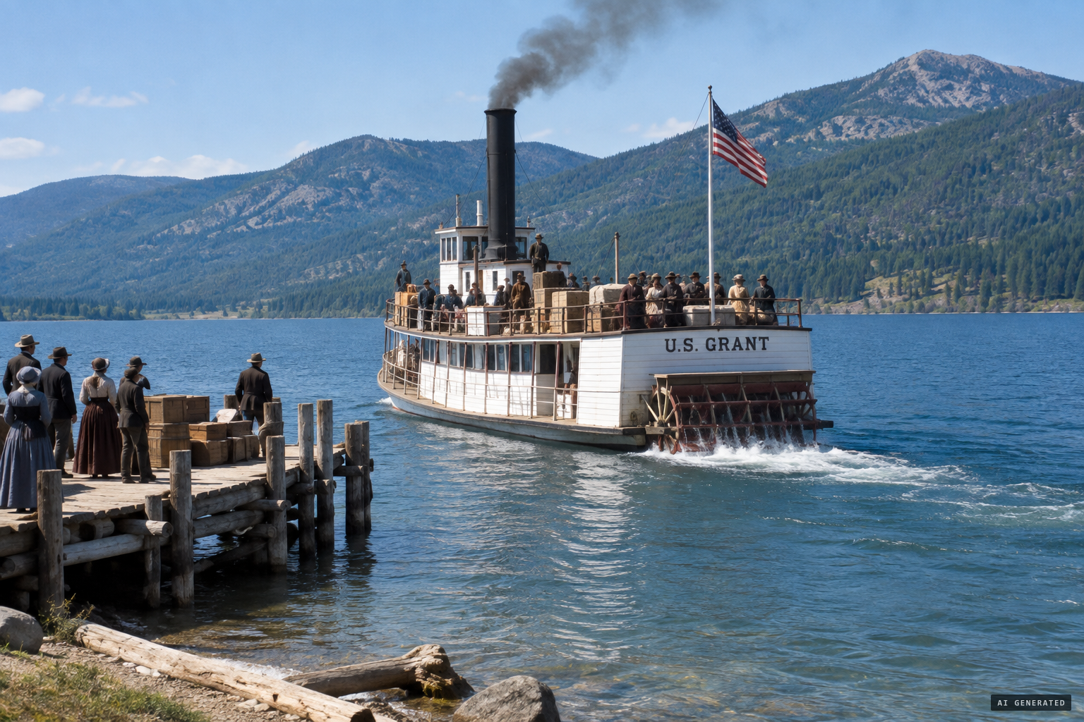 Captain Kerr's steamboat U.S. Grant carrying cargo and passengers on Flathead Lake, 1889.
