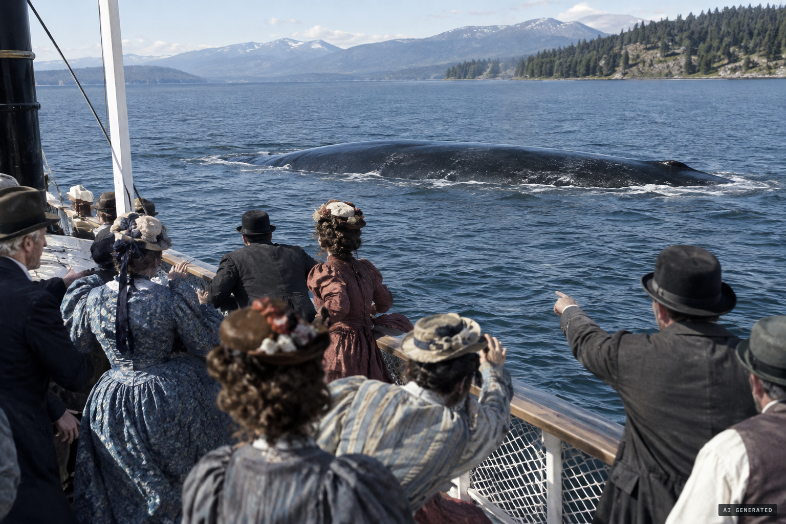 The whale-like creature swims in the steamboat's path as passengers panic.