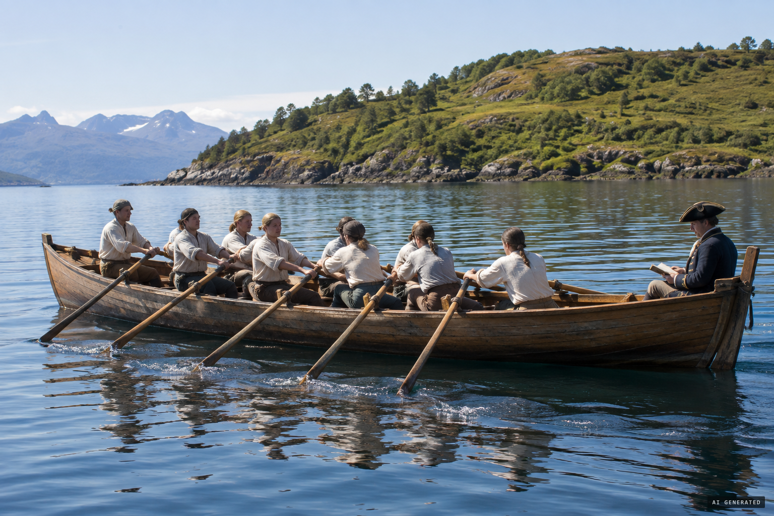 Von Ferry reads in his yacht as eight men row home past Jule-Naess near Molde.