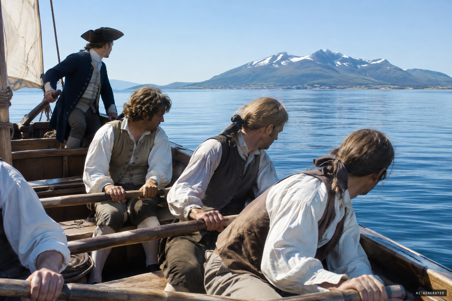 The rowers murmur and the helmsman keeps off from the land.
