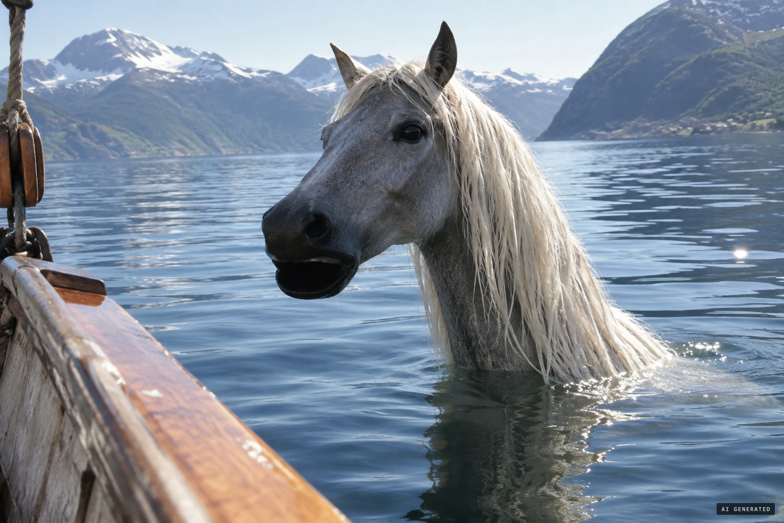 A greyish horse-like head with black eyes and a long white mane.