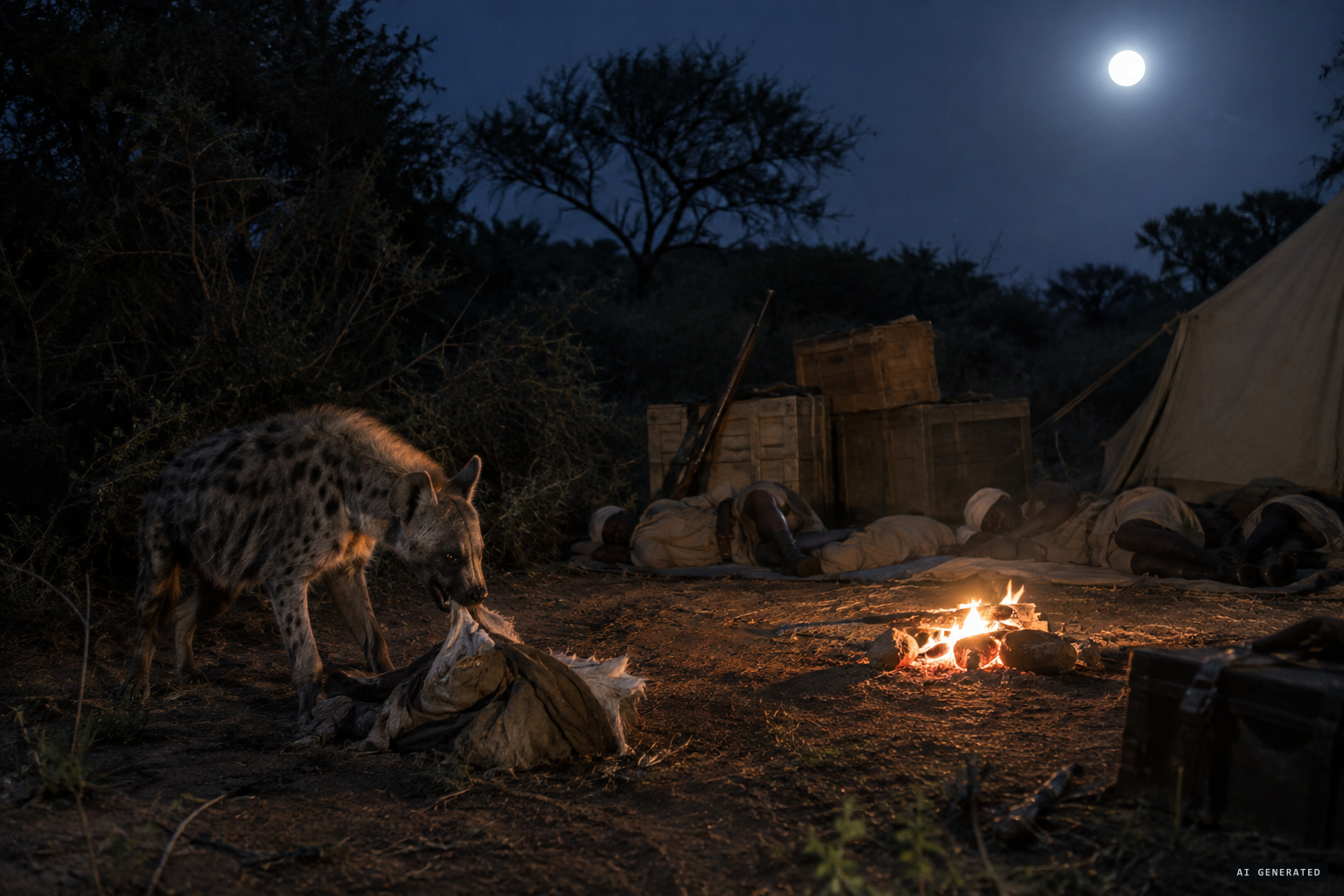 On the way back, a hyena eats the skin and one hand