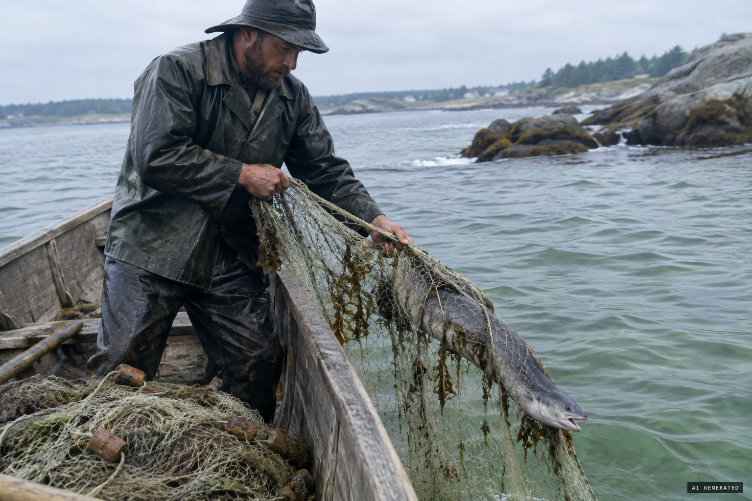 A dead, 25-foot eel-shaped animal tangled in Hanna's nets off New Harbor