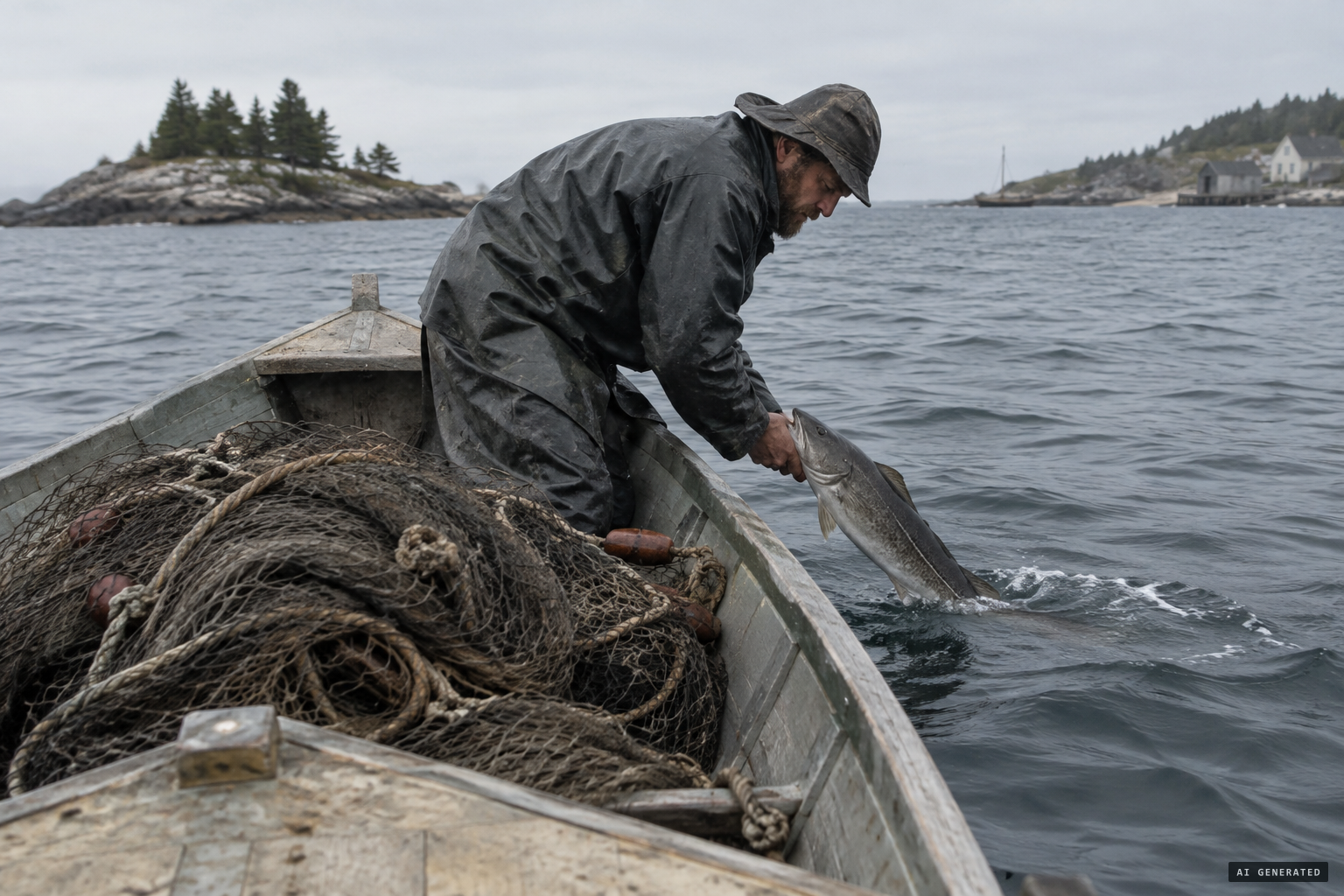 Hanna returns the creature to the sea, his nets badly torn