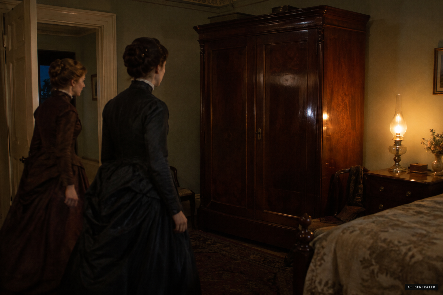 Mrs Lett and Miss Berthon go to one of the bedrooms, the gas burning