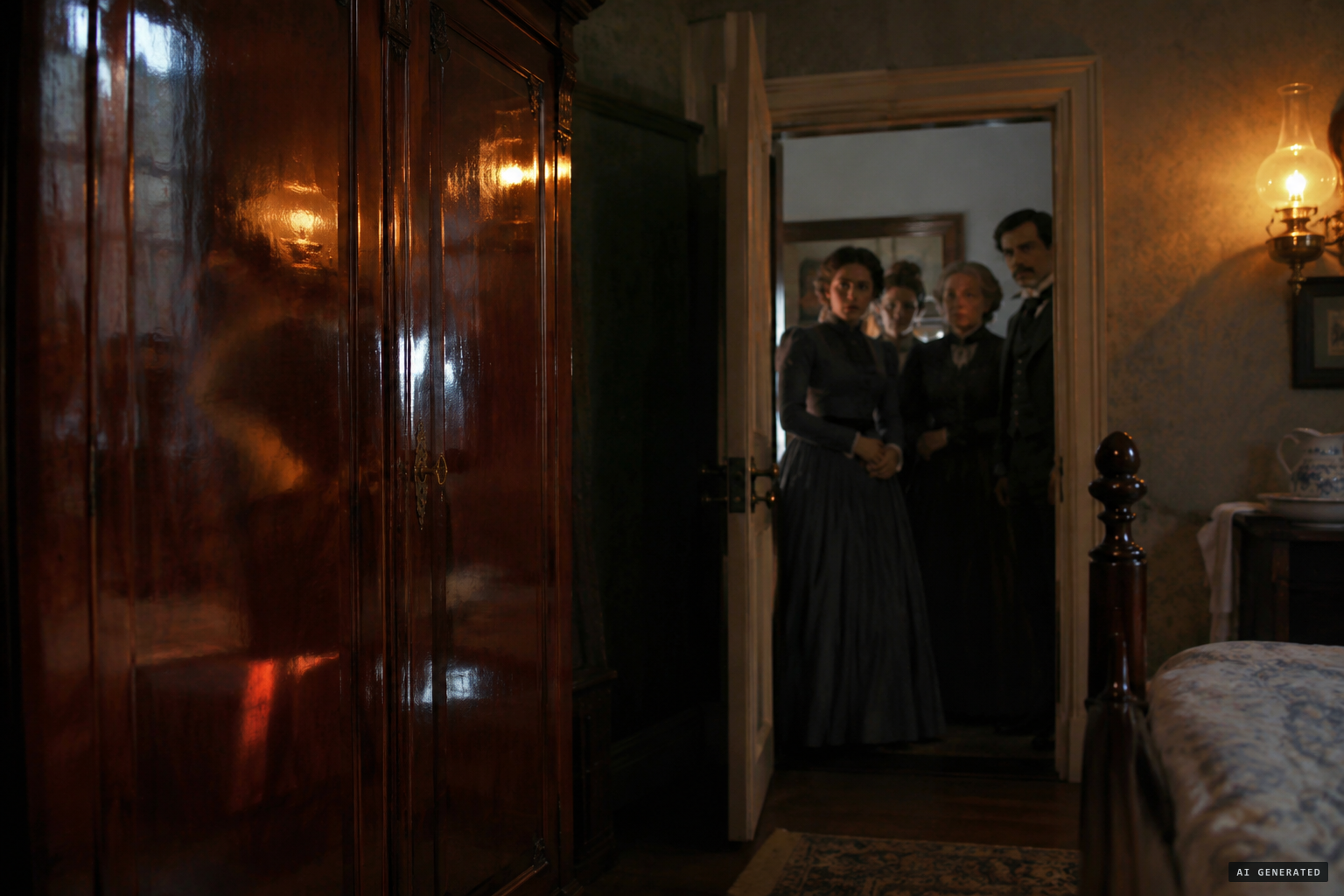 A polished surface under gaslight, and a room already staring at it
