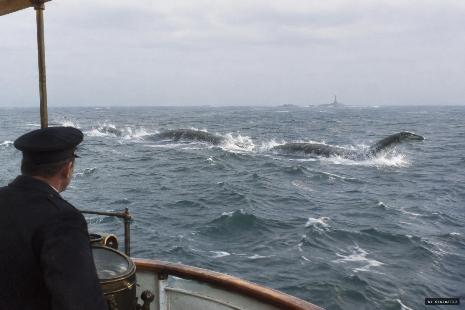 A sea serpent around 100 feet long, moving at tremendous speed