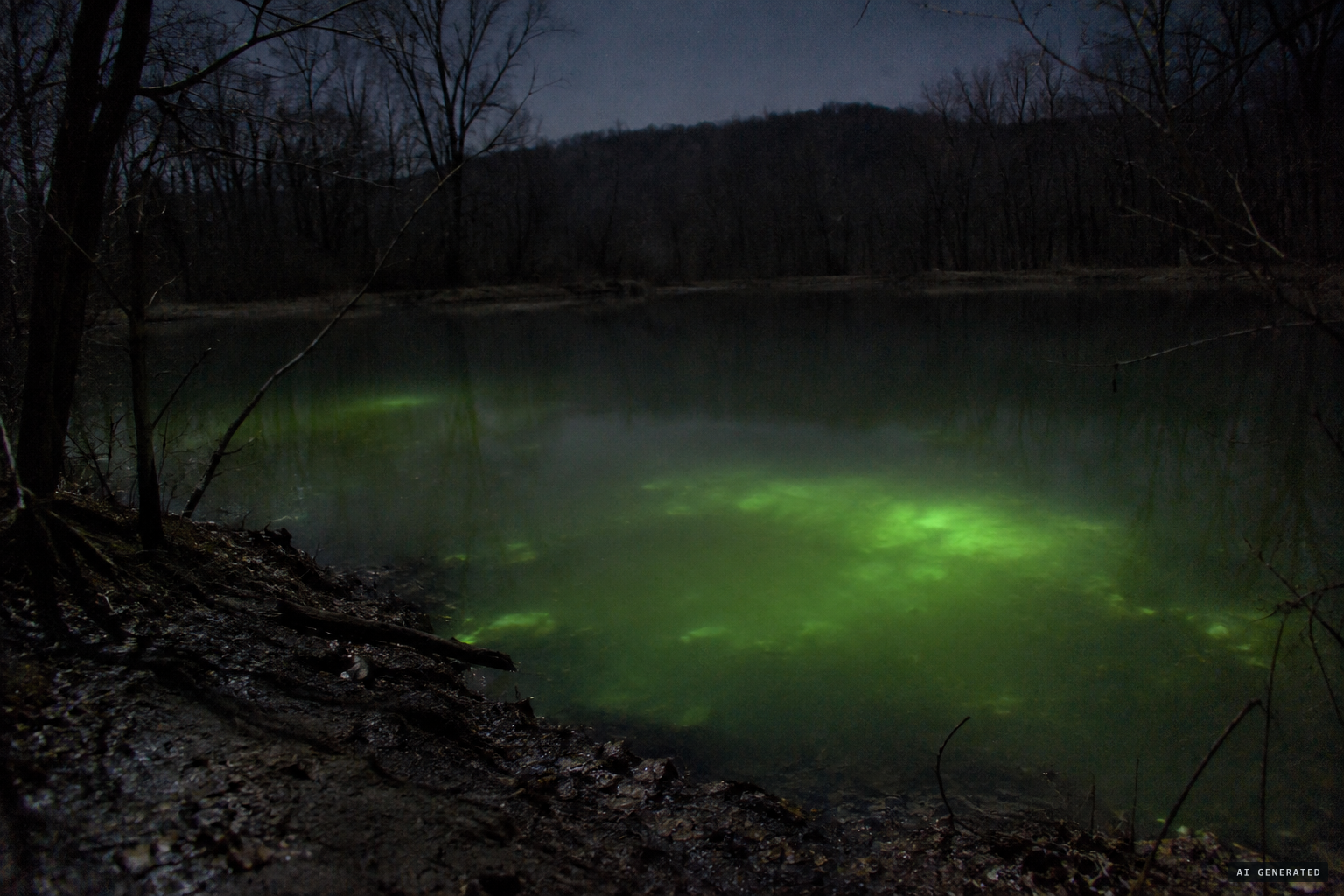 A green glow burning beneath the pond