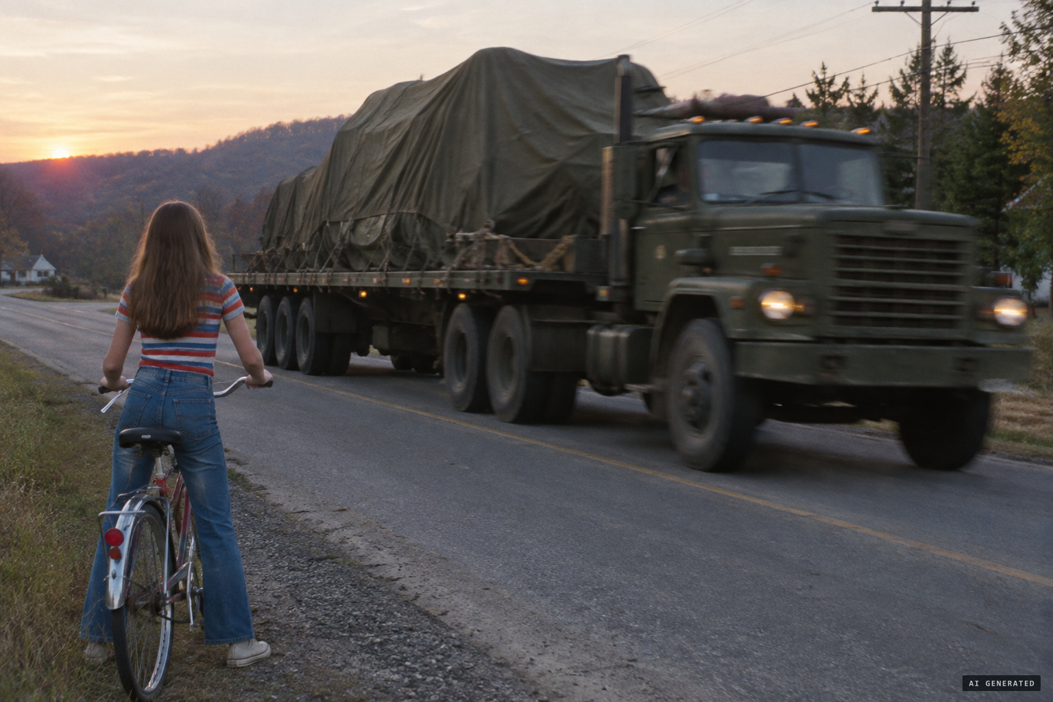 A flatbed truck carries something huge under a tarp