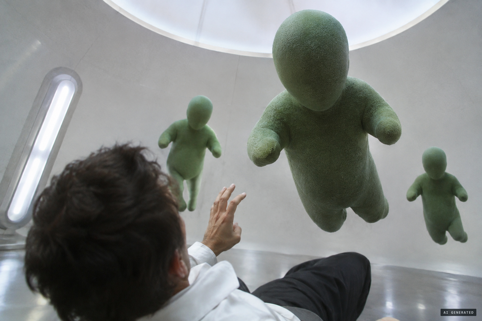 Three greenish, armless, faceless beings levitate around him.