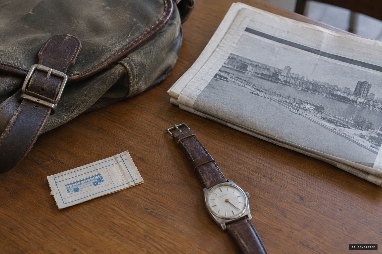 His bag, bus ticket, that morning's paper and his stopped watch.