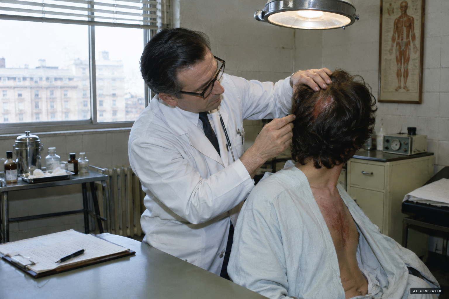 Doctors record burned scalp tissue, chest marks and hair loss.