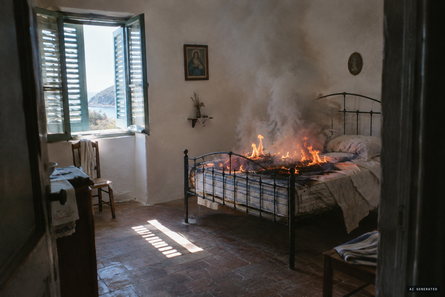 At the grandparents' house on Elba, a mattress catches fire.