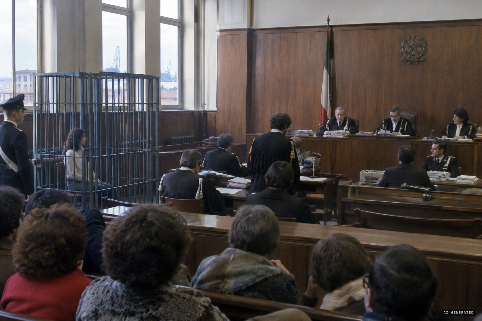 The trial opens in Livorno, with Compton in a steel cage.