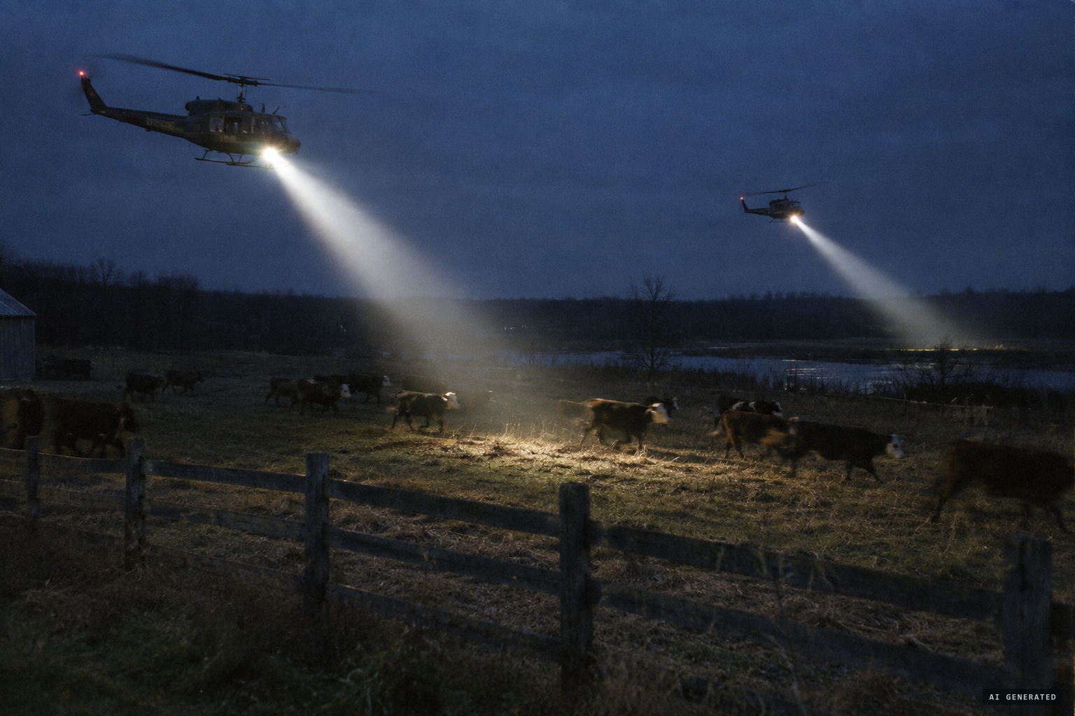 Helicopters scan the area with bright lights before the sighting